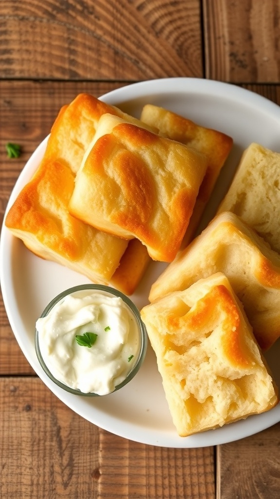 Fluffy oopsie cloud bread pieces on a plate with cream cheese spread, on a rustic table.